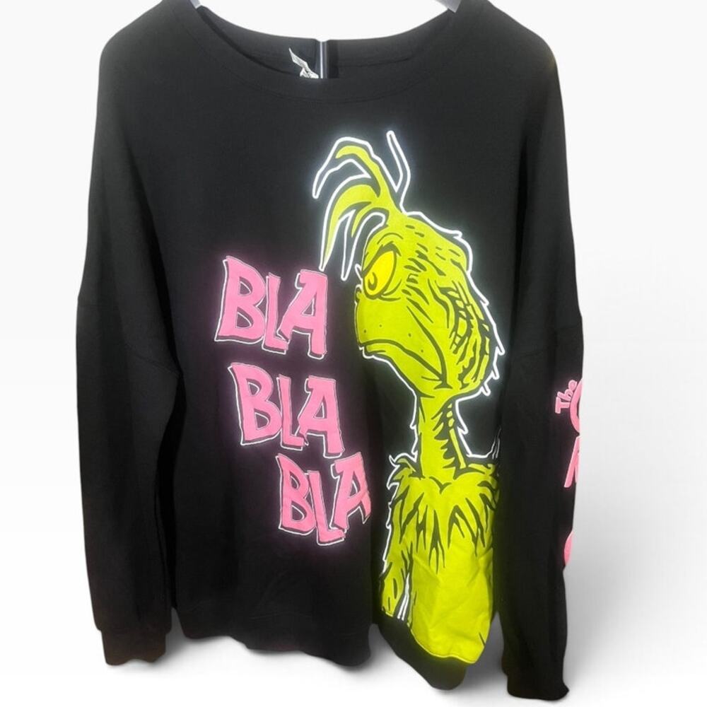 The Grinch by Dr. Suess Bla Bla Bla Black Sweatshirt W/ Pink and Yellow 1X NWT